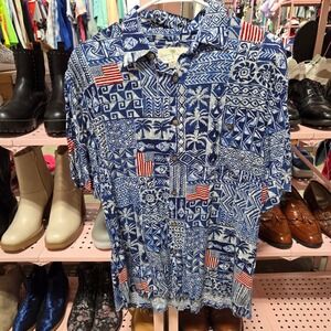 Island Shores Mens Blue Tribal American Flag Rayon Button Up Shirt Size M